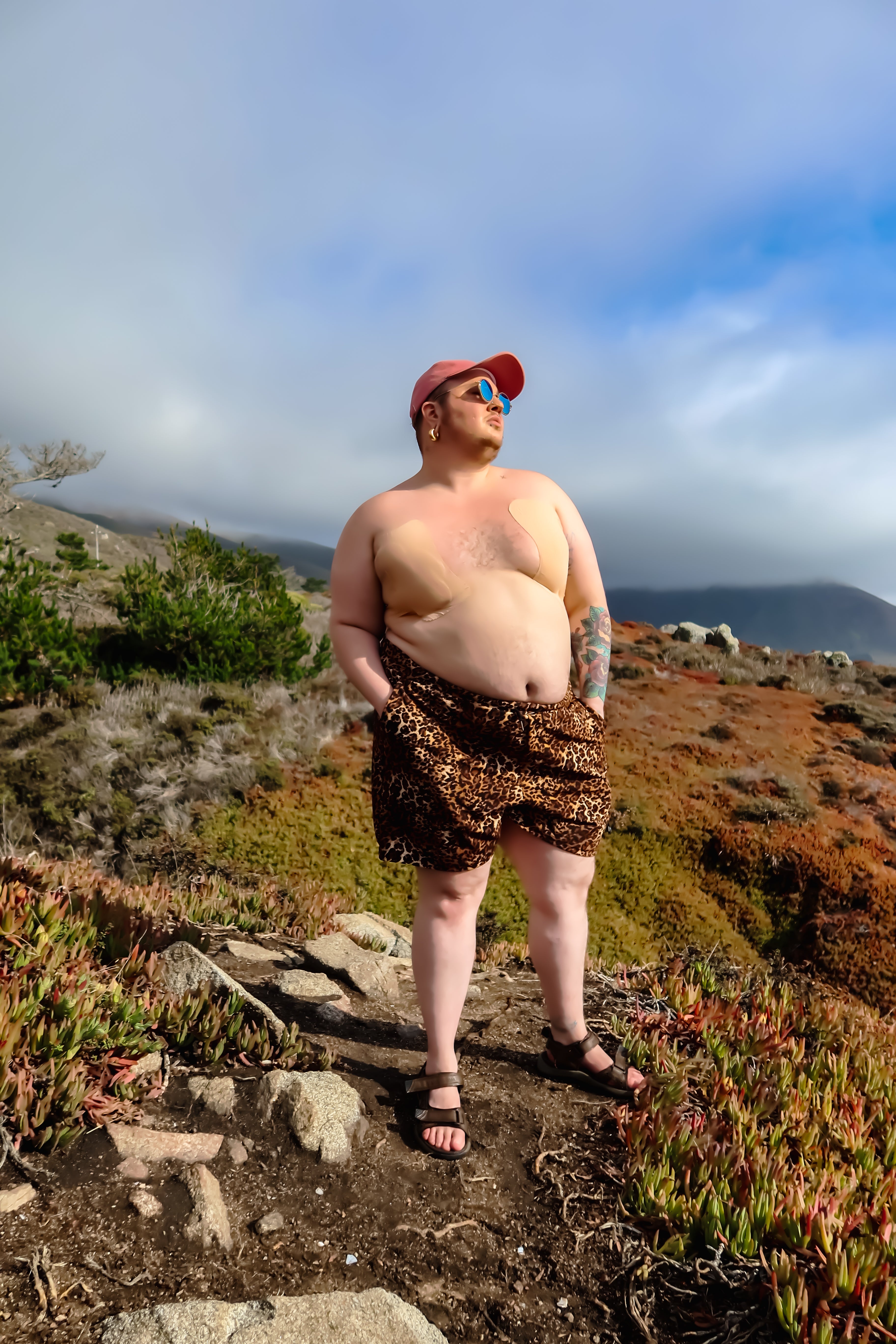 Person with Trans Tape Nipple Guards Standing on Mountains